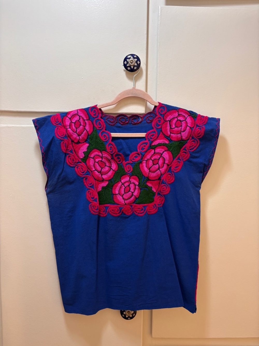 Handmade Blue Mexican Embroidered Floral Top with Pink Roses
